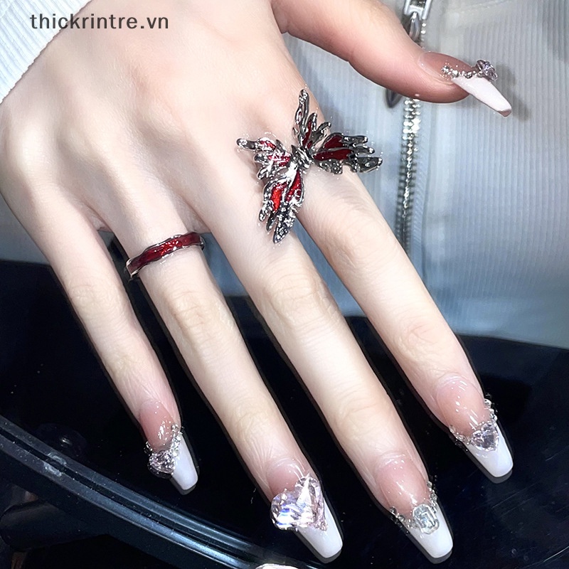 THI Punk Gothic Nhẫn Đỏ Vintage Ánh Sáng Mở Nhẫn Ngón Tay Có Thể Điều Chỉnh Phong Cách Pháp Cá Tính Dự Tiệc Quà Tặng Trang Sức VN