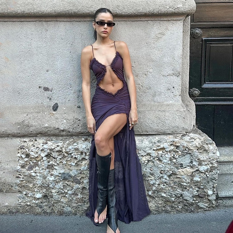 Klalien Bên Chia Đầm Nữ Spaghetti Dây Cổ Ăn Được Cây Nấm Rỗng Ra Gợi Cảm Dạ Hội Nữ Vestido