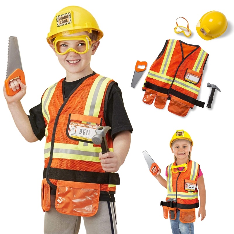 Dasbsug Trang phục công nhân xây dựng Trẻ em Người xây dựng Trang phục nghề nghiệp Giả vờ Bộ đồ chơi nhập vai