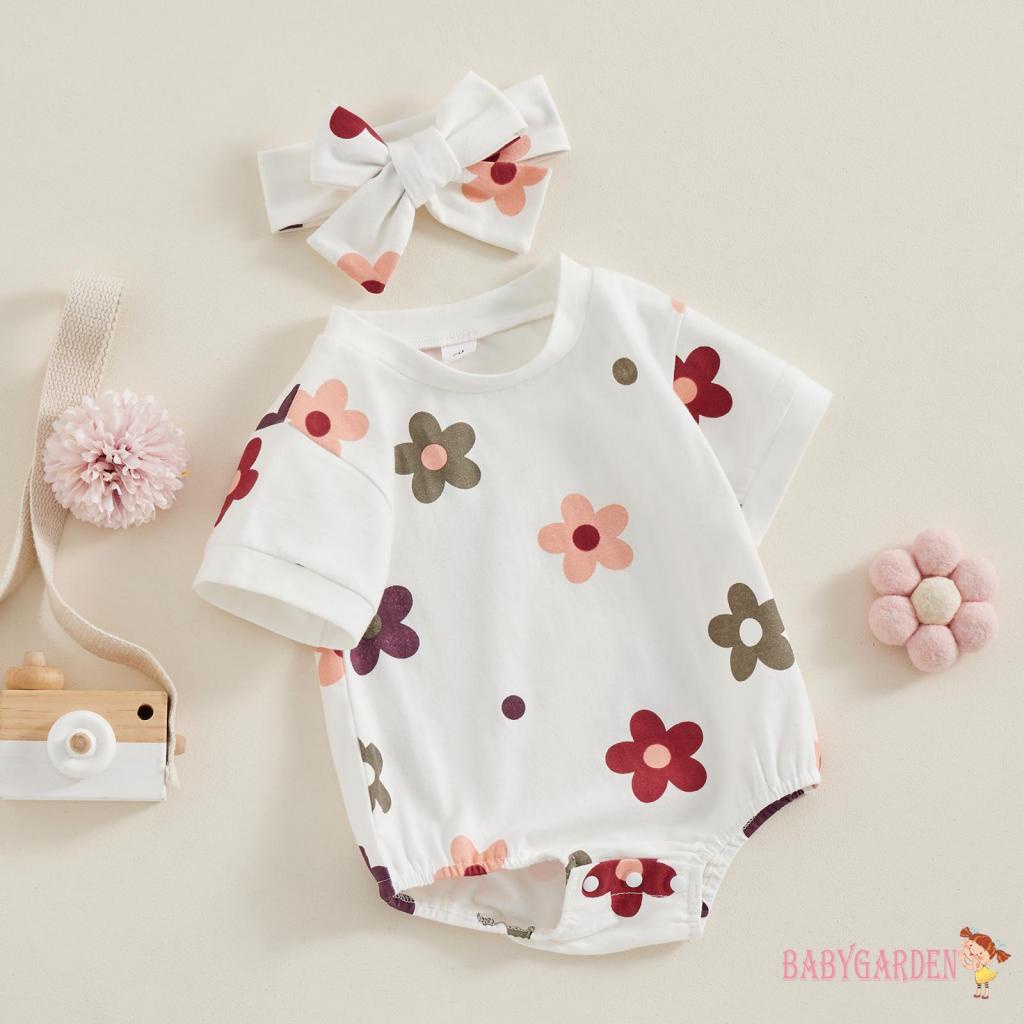 Áo Liền Quần Ngắn Tay Cổ Tròn In Hoa Kèm Băng Đô Nơ Thời Trang Mùa Hè Cho Bé Gái 0-18 Tháng Tuổi