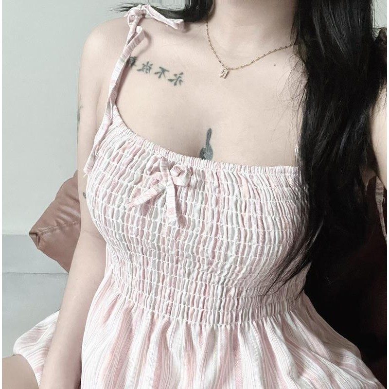 Áo hai dây sọc thổ cẩm , áo hai dây cột nơ chất linen mát thiết kế mocking nhún ôm dáng phối nơ điệu đà-A345