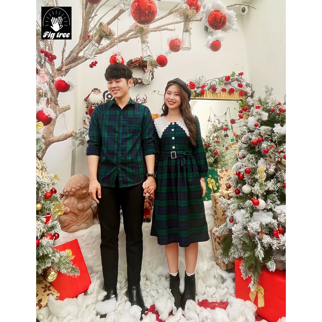 Set Sơ Mi Váy Đôi Fig Tree Caro Xanh Noel Phối Ren ( MS :186)