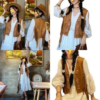 Vipdeal1 Áo Khoác cardigan Giả Da Lộn Không Tay Phối Tua Rua Phong Cách hippie 70s Thời Trang Cho Nữ