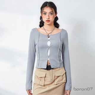 Áo crop top mỏng mùa hè dành cho nữ màu trơn dài tay cổ tròn Cutout khoe áo thun rốn