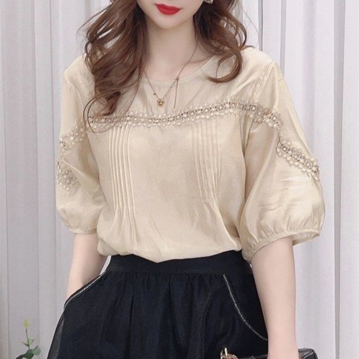 Mùa Hè 2025 Thời Trang Nữ Cao Cấp Rời Và Mỏng Retro Ren Nối Nửa Tay Áo Sơ Mi Voan