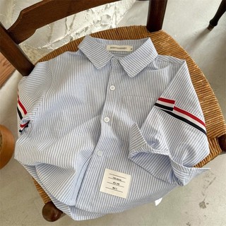 Trẻ Em 2025 Xuân Thu Phong Cách Bé Trai Đường Phố Webbing Áo Sơ Mi Thời Trang Cho Bé Sọc Bỏ Túi Áo Top Quần Áo