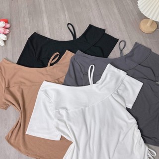 Áo thun bigsize nữ cách điệu vạt gập trễ vai một bên vạt chéo nhún bèo rút dây chất vải gân tăm cao cấp dễ phối G213