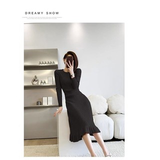 Xiaoxiang Đầm Dệt Kim Dài Qua Gối Tay Dài Xếp Nếp Thời Trang Thu Đông Tinh Tế sw