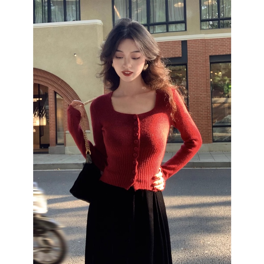 Suxi Tối Giản Phong Cách Hàn Quốc Thu Đông Retro Cổ Vuông Ôm Lắp Dài Tay Nữ Ngắn Đan Áo Len