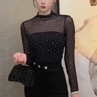 Áo Thun Mỏng Tay Dài Cổ Cao Màu Đen Đính Kim Sa Lấp Lánh Thời Trang Pháp Phong Cách Hàn Quốc Cho Nữ