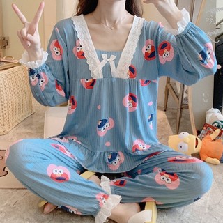 Bộ đồ mặc nhà dài tay co giãn mềm mại dành cho nữ, đồ ngủ nơ dễ thương