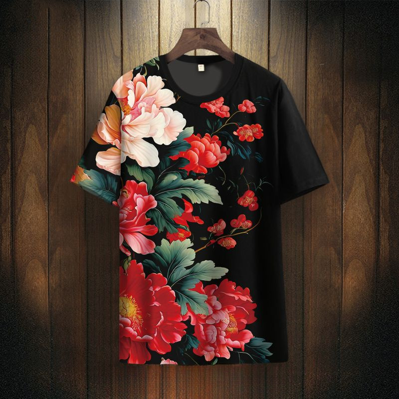 Áo thun ngắn tay màu đỏ kích thước lớn thể thao đa năng nhanh khô áo retro họa tiết hoa