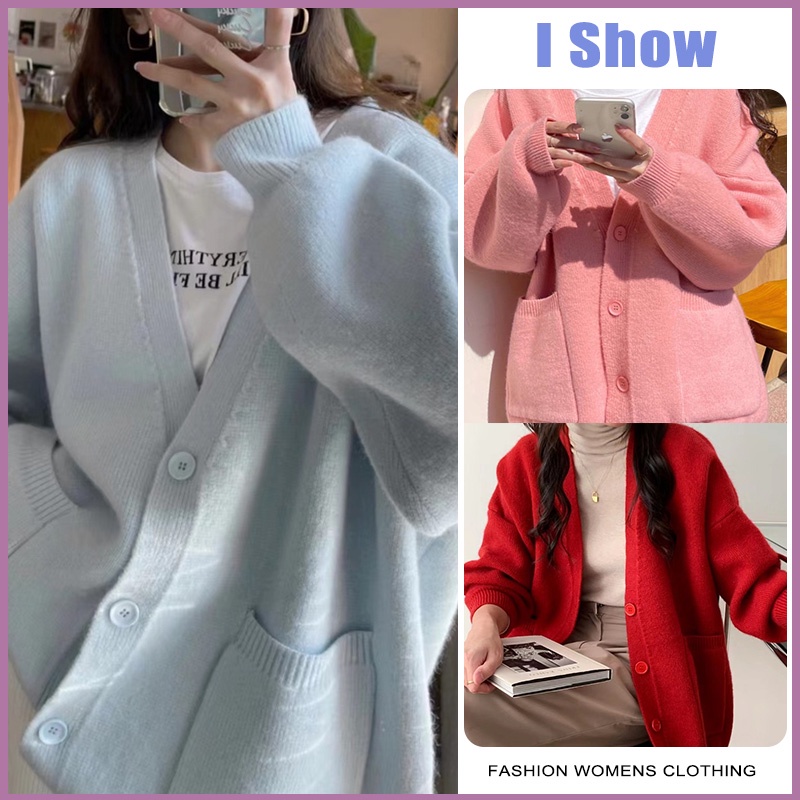 Áo Khoác cardigan Dệt Kim Dáng Rộng Cổ Chữ v Thời Trang Thu Đông Hàn Quốc Mới áo sweater áo len nữ