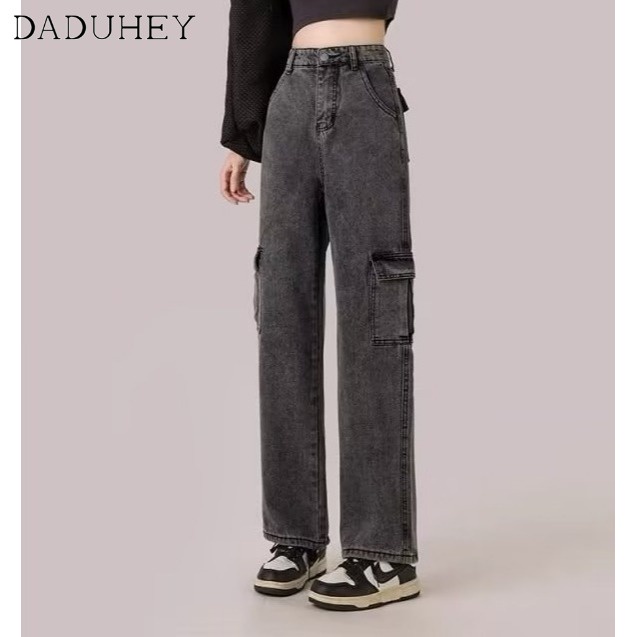 Ảnh DaDuHey New American Style Multi-pocket Work Jeans Niche High Waist Wide Leg Pants plus Size Trousers 2