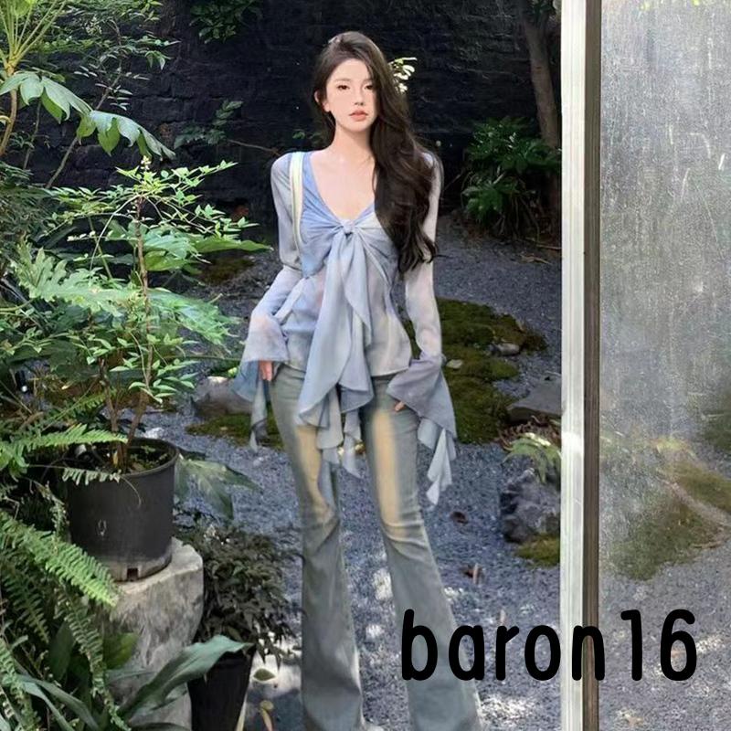 Risz Áo crop Top Tay Dài Cổ Chữ v Nhuộm Màu Thời Trang Phong Cách 90s
