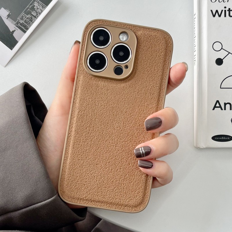 Đơn Giản Màu Nâu Đậm Kaki Da Lunar Pit Họa Tiết Camera Phim Bảo Vệ Ốp Lưng Điện Thoại Cho iPhone 15 Pro Max 14 13 12 11 Pro Max Bảo Vệ Toàn Diện Vỏ Mềm Chống Sốc