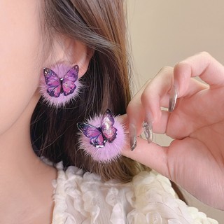 Bông Tai Hình Bướm Đính Bóng Lông Màu Tím Dễ Thương Thời Trang Thu Đông