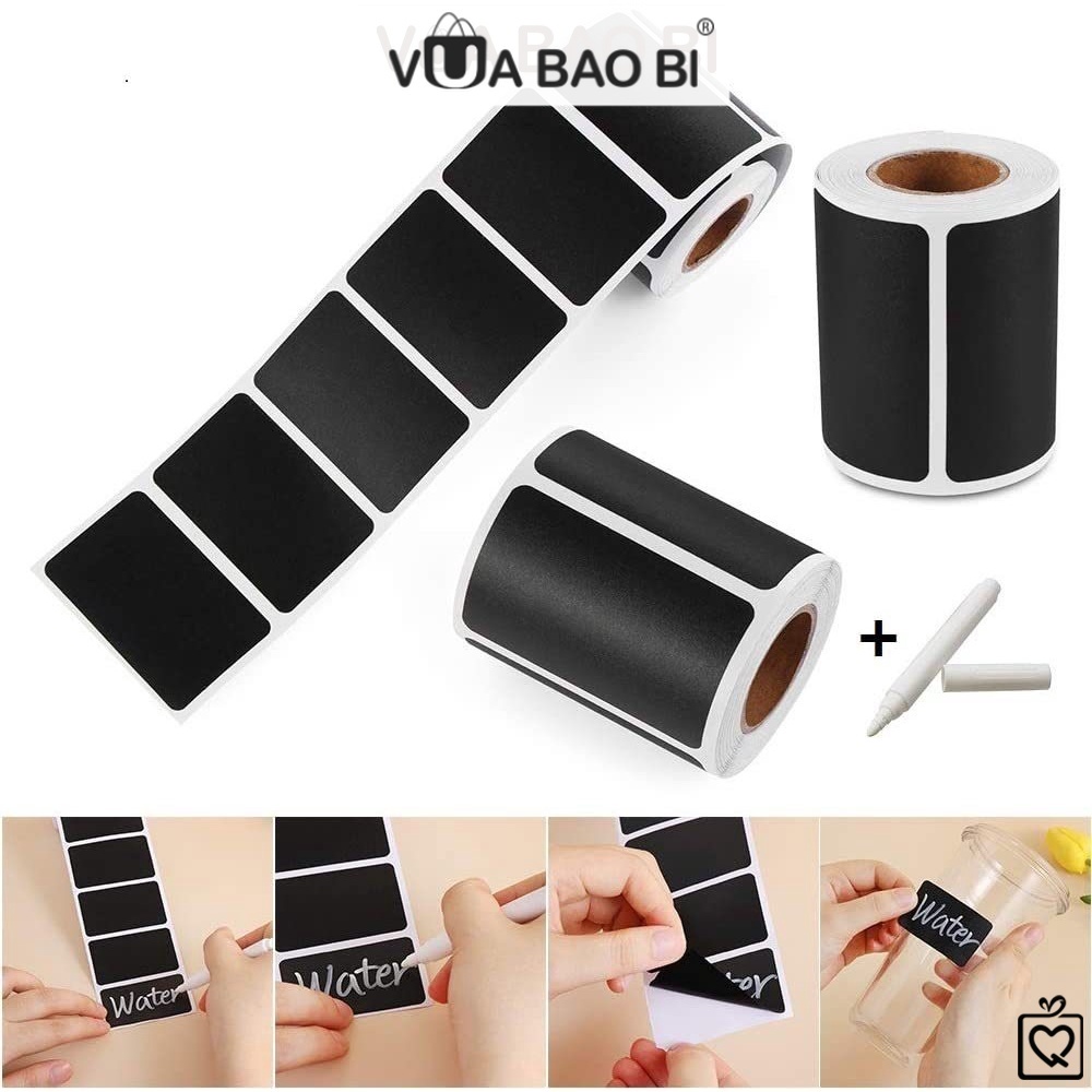 Cuộn 120 tem nhựa nền đen kèm bút TE12 decal dán hộp bao bì, hộp thực ...