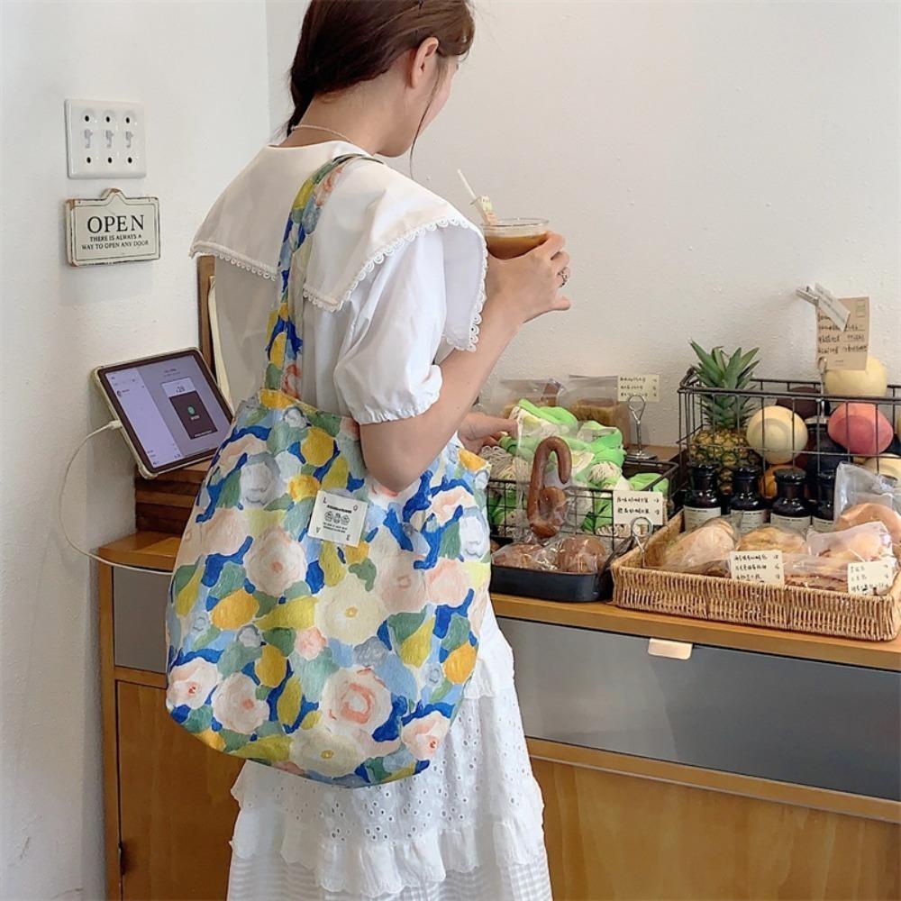 Túi đeo vai hoa cổ điển CHEESELY, vải cotton, dung tích lớn, túi xách/tote/mua sắm dành cho nữ