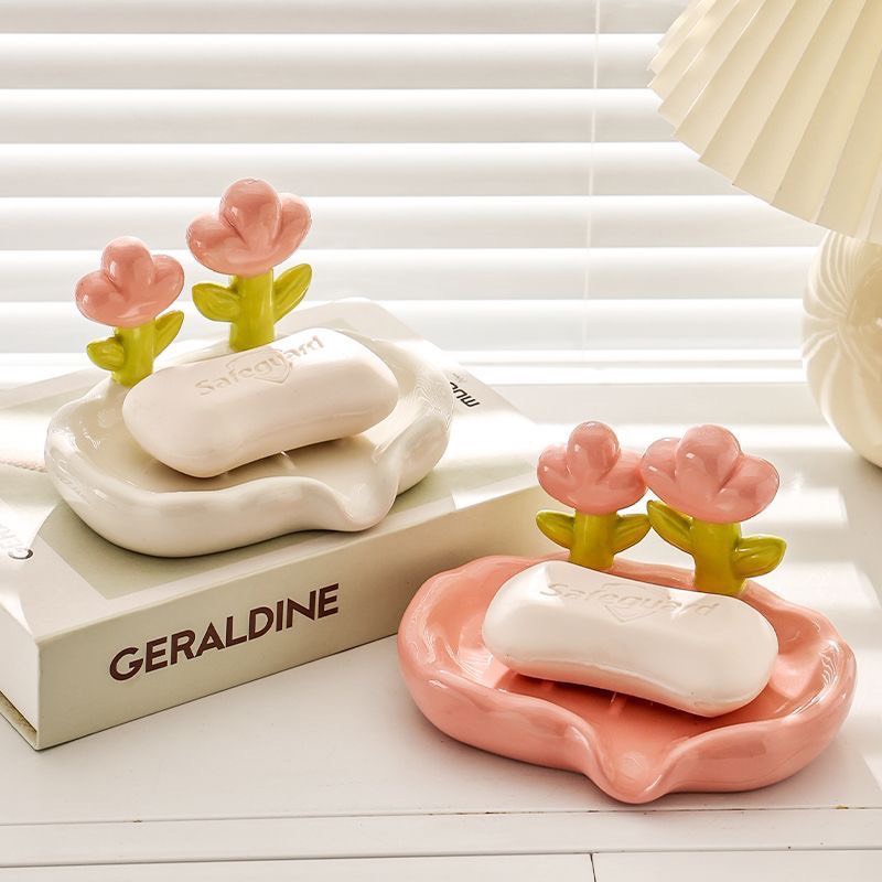 Khay Đựng Xà Phòng Không Tích Nước Bằng Gốm Sứ Hoạ Tiết Hoa Tulip Để Nhà Tắm