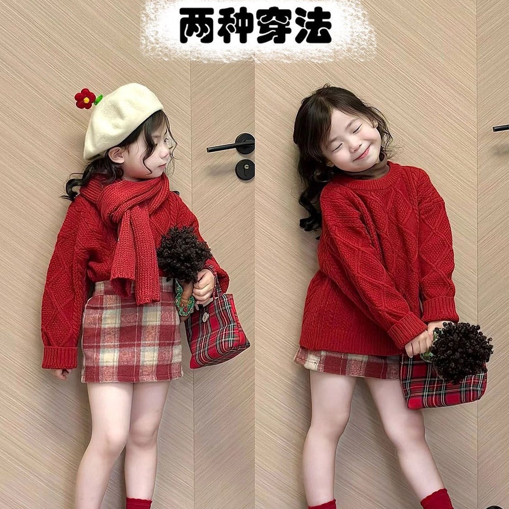 Bộ Áo Sweater Dệt Kim Phối Chân Váy Sọc Ca Rô Đỏ Mừng Năm Mới Phong ...