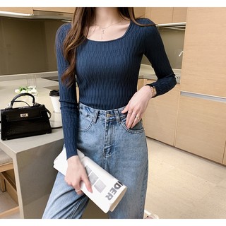 Áo Len Tay Dài Cổ Vuông Phong Cách Hàn Quốc Thời Trang Thu Đông Mới