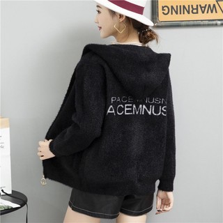 Áo Khoác cardigan Dệt Kim Giả Lông Chồn Dày Dặn Dáng Rộng Ngắn Có Mũ Trùm Thời Trang Thu Đông Cho Nữ