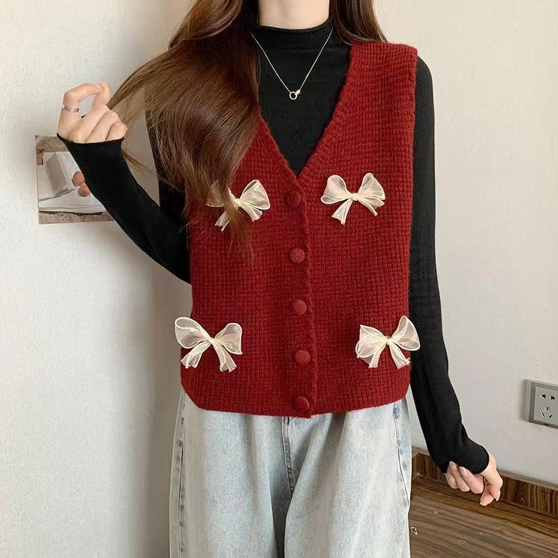 Milyfashion Nơ Nhỏ Cổ Chữ V Áo Vest Không Tay Phong Cách Mới Mỏng Ngắn Dệt Kim Áo Vest
