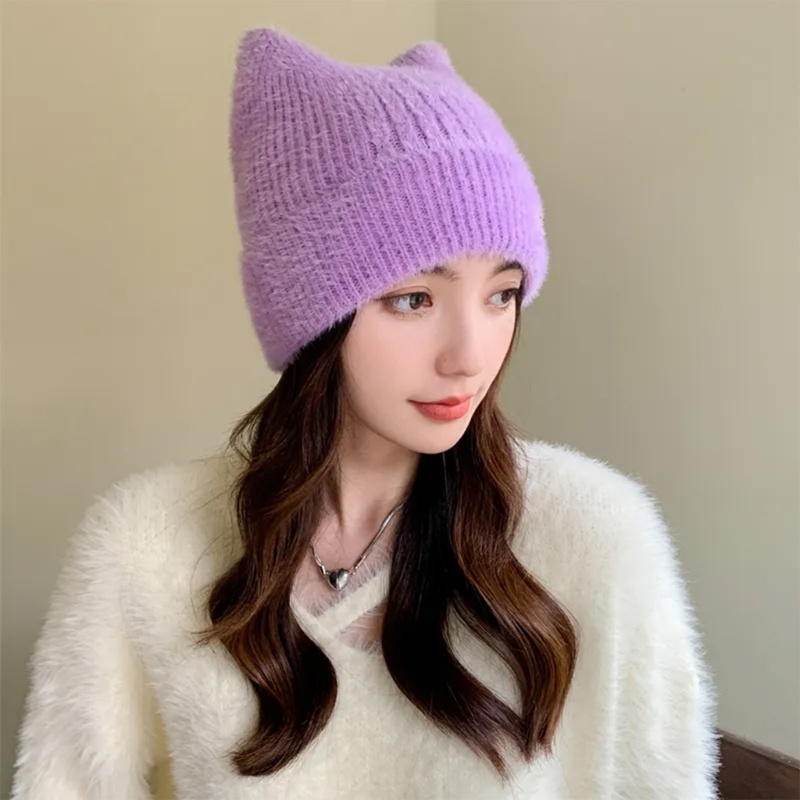 Woke Handmade Móc Beanie Mũ Nữ Y2K Đan Tai Mèo Mũ Mùa Đông Thu Đông Mũ Màu Trơn Cô Gái Ngọt Ngào Chống Gió Bon