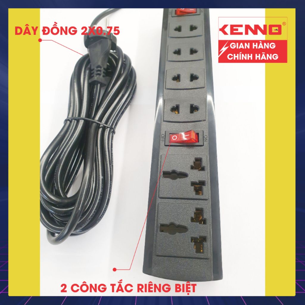 Ổ cắm 6 lỗ lõi sứ Qled/Kenno 4 tròn dẹt và 2 đa năng dây nguồn 2,5m và 4.5m Công suất  2200W