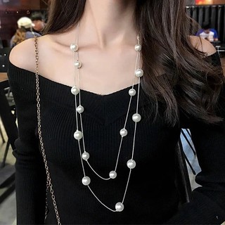 Vòng cổ dài ngọc trai hoa hồng rỗng cổ điển thanh lịch - Thiết kế hai lớp Vòng cổ thời trang Trang sức dành cho nữ
