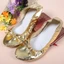 THEGIRL8B Belly Dancing Shoes, Bowknot Golden Indian Dance Shoes, Thoải Mái Mũi Tròn Da Cuộn Lên Ballerina Flats Prom