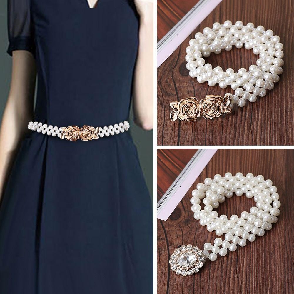 Dây thắt lưng MERIGGIARE có ngọc trai, Dây thắt lưng kim cương giả thanh lịch co giãn dành cho nữ, Dây rút mỏng đơn giản thời trang dành cho nữ