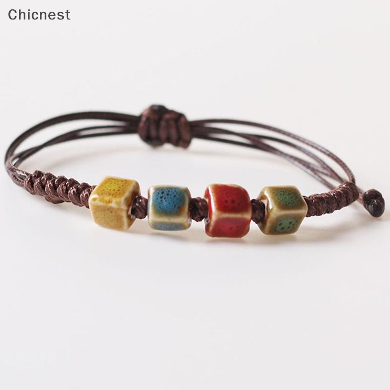 [Chc] Vòng tay thời trang đính cườm gốm thời trang phong cách dân tộc thông thường dành cho nữ Vòng tay có thể điều chỉnh Hạt gốm thủ công Vòng tay dây sáp [VN]