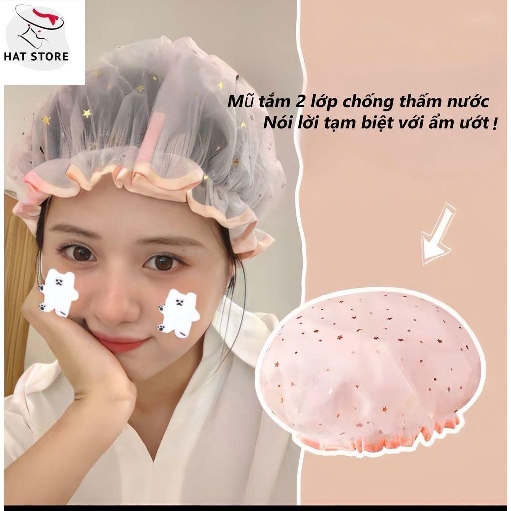 Mũ Tắm 2 Lớp Co Giãn Chống Thấm Nước Phối Ren Họa Tiết Ngôi Sao Lấp Lánh (HATSTORE)
