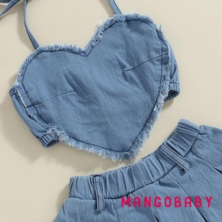Mgg-toddler Girls 2 Bộ Trang Phục Denim Không Tay Dây Cổ Trái Tim + Bộ Váy Xếp Ly Quần Áo Trẻ Em