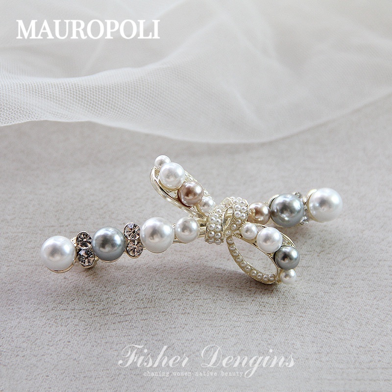 Mauropoli Kẹp tóc ngọc trai nơ đính đá phong cách Hàn Quốc, phụ kiện mùa xuân cho nữ
