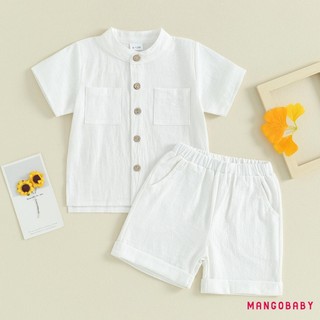 Mgg-kids Bé Trai Trang Phục Vải Lanh Mùa Hè Nút Màu Trơn Áo Tay Ngắn Và Quần Short Eo Co Giãn 2 Bộ Quần Áo