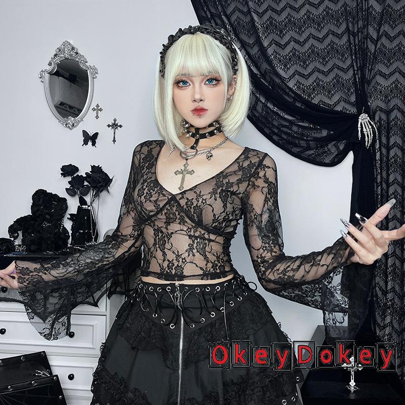 Áo Crop Top Ren Xuyên Thấu Cổ V Dài Tay Thời Trang Đường Phố Cá Tính Dành Cho Nữ Odokey