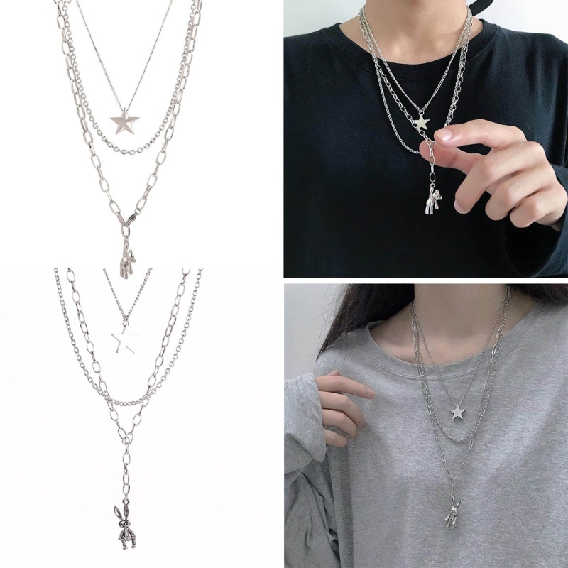 Tính Khí Tinh Tế Đơn Giản Gió Lạnh Ba Lớp Dây Xích Kim Loại Gấu Ngôi Sao Tua Rua Vòng Cổ