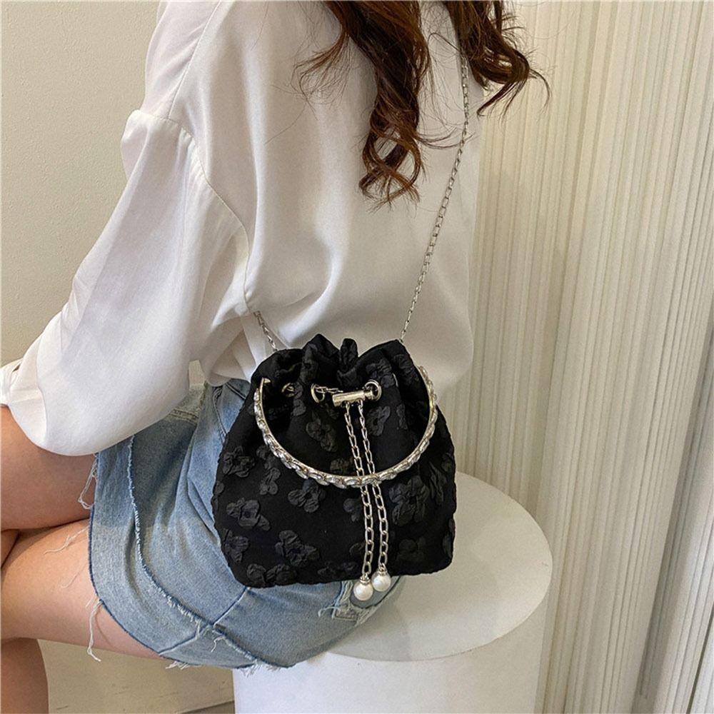 Túi Đeo Vai HOBBYIN, Túi Đeo Ngang Nylon Thiết Kế Hoa Xếp Ly, Dây Xích Thời Trang Vòng Tròn Cầm Tay Tinh Tế Túi Xách Nữ