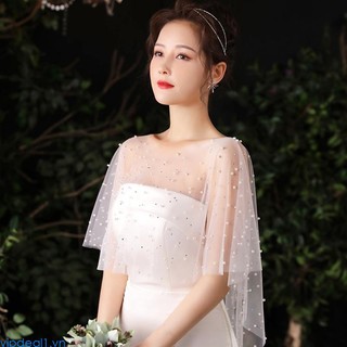 Khăn Choàng Vải Tuyn Xếp Ly Đính Hạt Ngọc Trai Trắng Phong Cách vintage Diềm Xếp Nếp vipdeal1 Cho Nữ