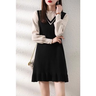 Đầm Len Tay Dài Cổ Tròn Giả Hai Lớp Phong Cách Phương Tây Thời Trang Thu Đông Cho Nữ