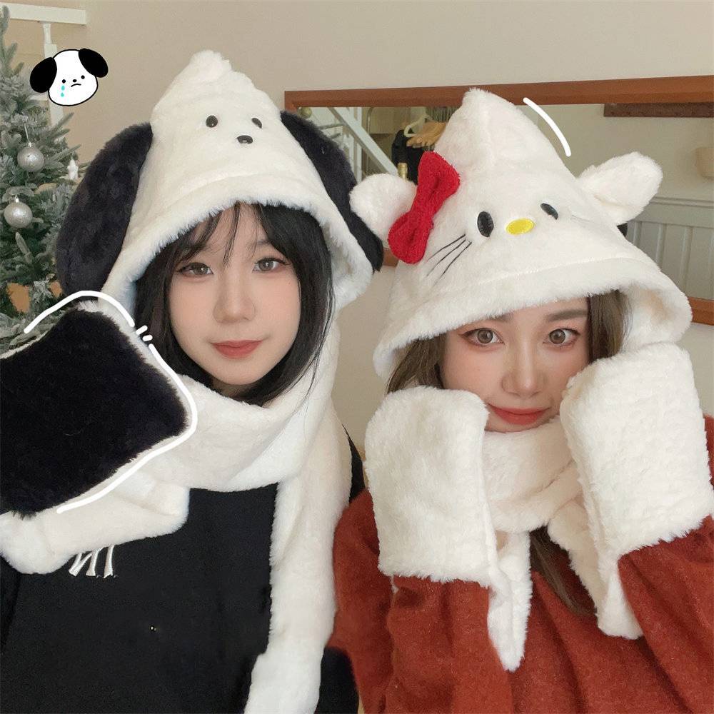Wilk hellokitty Bộ Ba Món Nón Khăn Choàng Găng Tay Khăn Choàng Cổ Bằng Lông Nhung Ấm Áp Chống Gió Hình Hello Kitty Dễ Thương