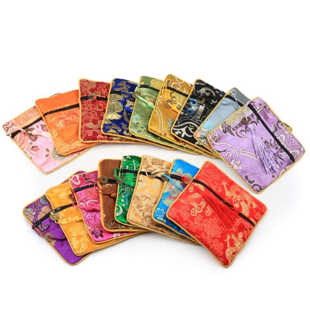 WEETW Mini Thêu Canvas Ví Đựng Tiền Xu, Tua Rua Đồng Tiền Mặt Mặt Dây Chuyền Hoa Trang Sức Túi Đóng Gói, Thời Trang Rồng Dung Tích Lớn Trang Điểm Son Môi Túi Đựng Tiền Phong Cách Học Sinh