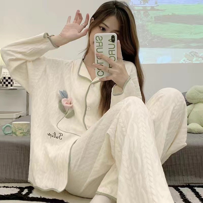 Yugui Bộ Đồ Ngủ Tay Dài In Họa Tiết Chú Chó Dễ Thương Phong Cách Hàn Quốc Thời Trang Xuân Thu Cho Nữ