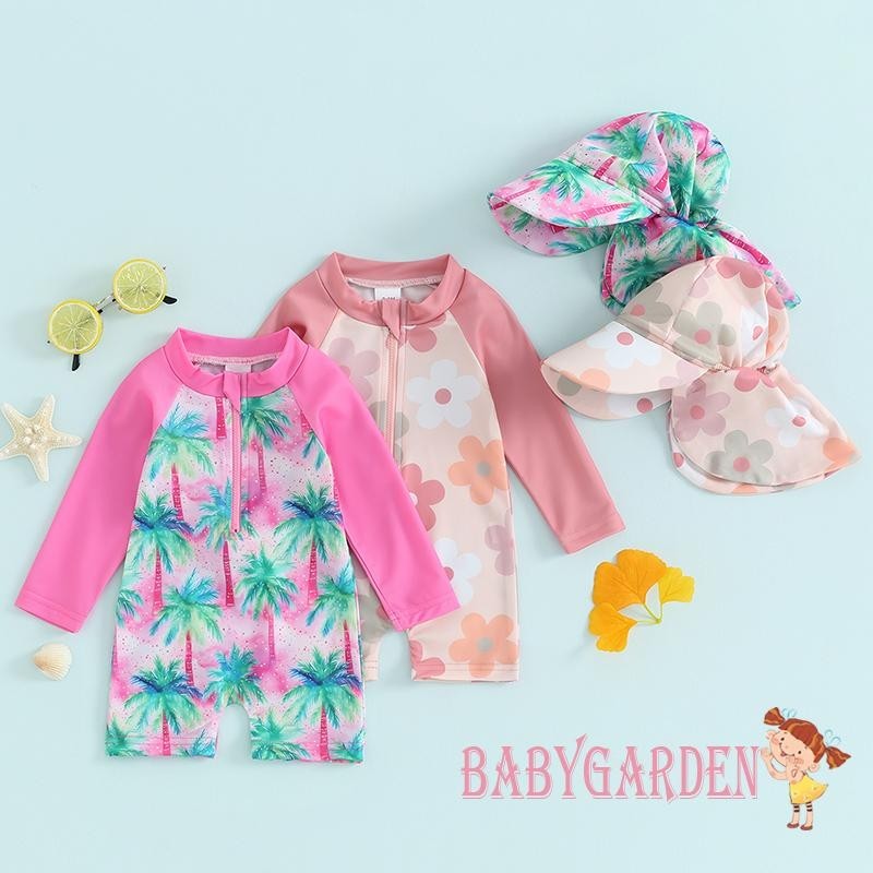 Bộ Đồ Bơi Tay Dài In Họa Tiết Cây Nhiệt Đới / Hoa Kèm Nón Xinh Xắn Cho Bé Gái 0-3 Tuổi