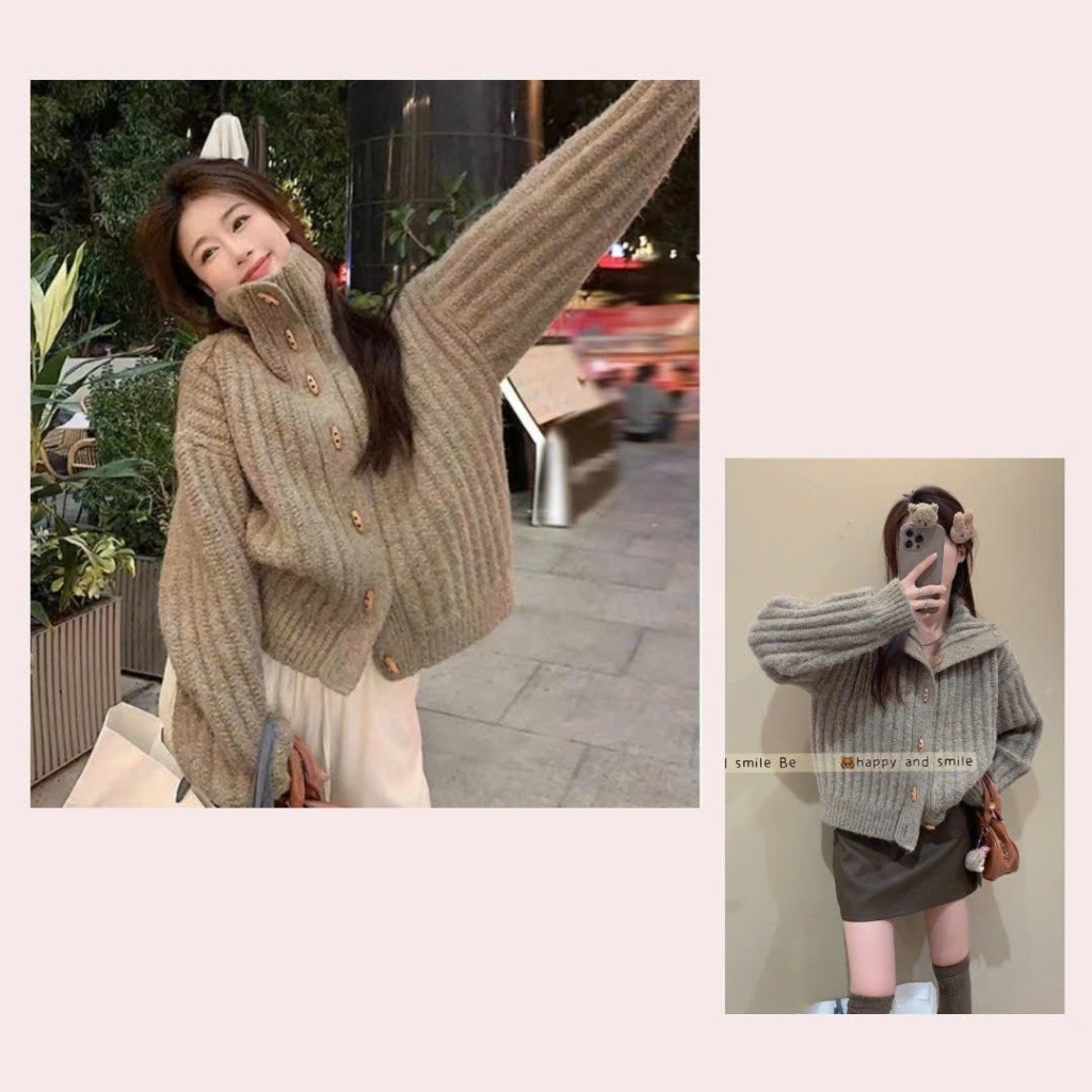 (HÀNG QUẢNG CHÂU LOẠI 1) Áo khoác len cardigan thu đông thiết kế cổ cao phối cúc phong cách thời trang XIMIMI SP237