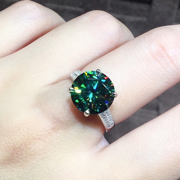[Giấy chứng nhận Gra đính kèm] Nhẫn Moissanite thật 3 Carat Gói tròn Bốn móng vuốt Xanh xanh lá cây Moissanite Nhẫn kim cương