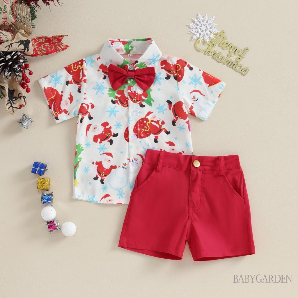 Baga- Bộ Đồ 2 Món Áo Sơ Mi In Họa Tiết Ông Già Noel + Quần Ngắn Cho Bé Trai 6 Tháng-4 Tuổi